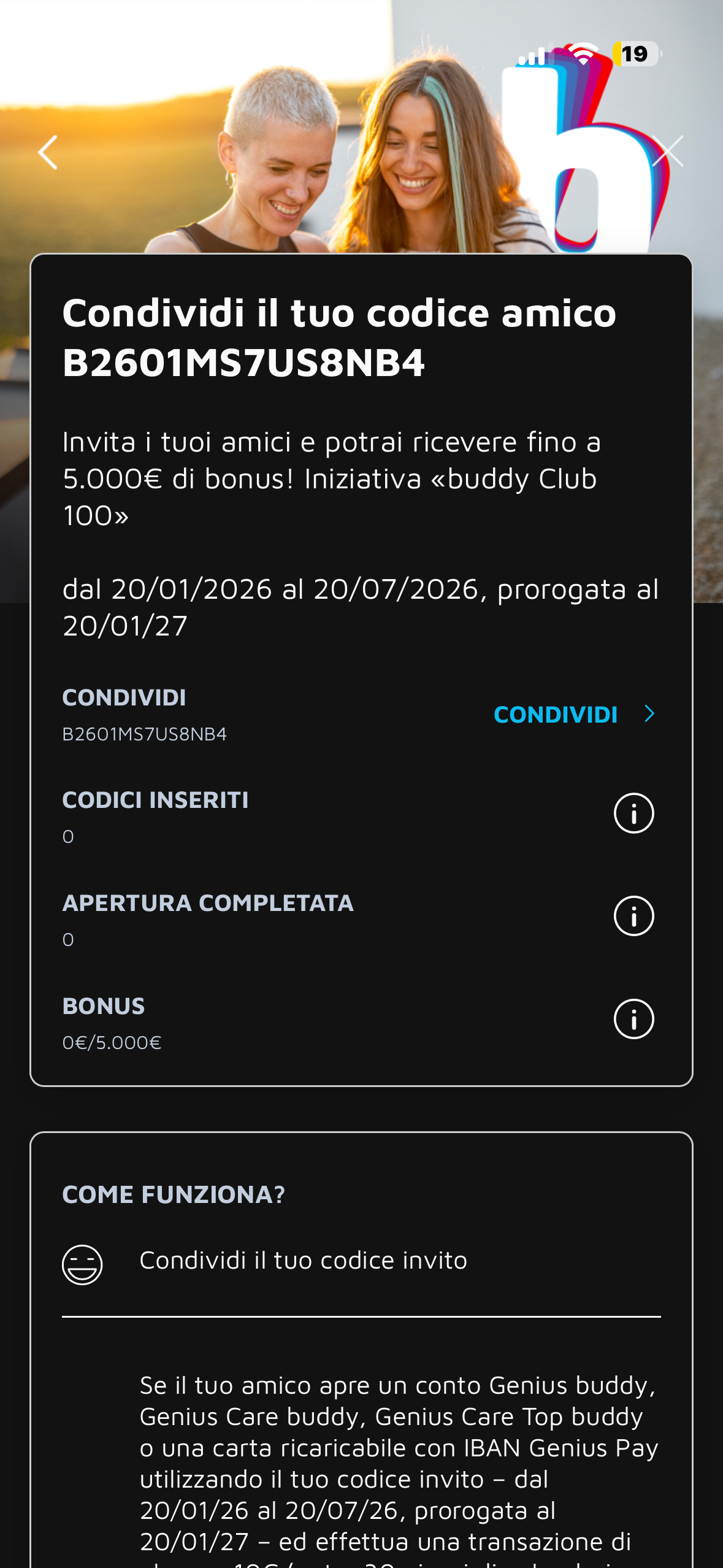 Schermata della promozione buddy Club 100 nell'app